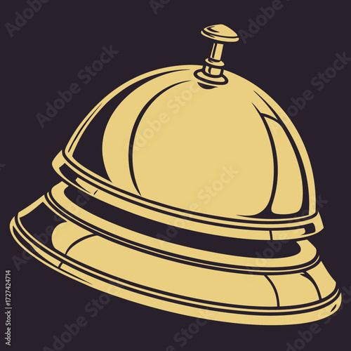 A vintage brass service bell, a classic symbol of hotel reception and customer assistance, isolated on a dark background