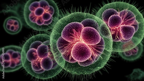Artistic representation of Epstein-Barr virus with vivid green capsid and purple nucleocapsids,