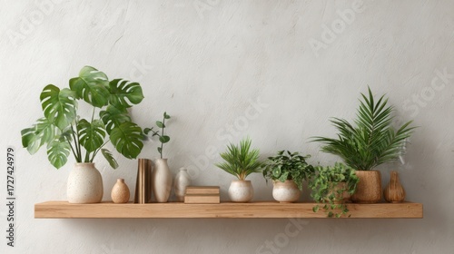 Indoor plant shelf with empty background wall ready for text or design