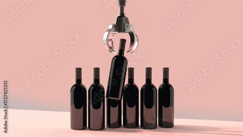 A minimalist product photography setup featuring six dark wine bottles arranged in a row against a soft pink background 