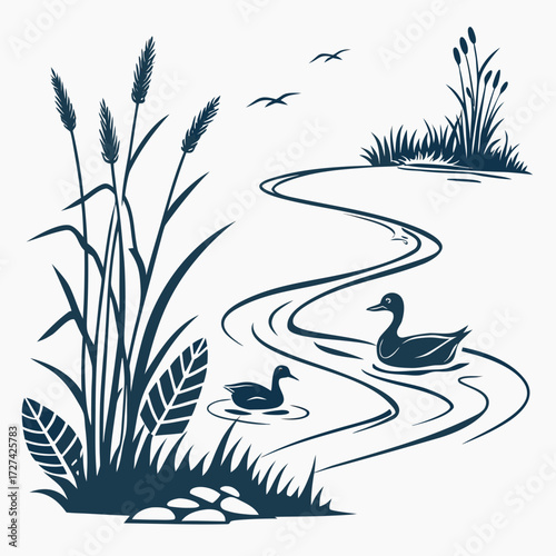 Stylized silhouette of ducks swimming in a winding river with reeds and birds flying overhead