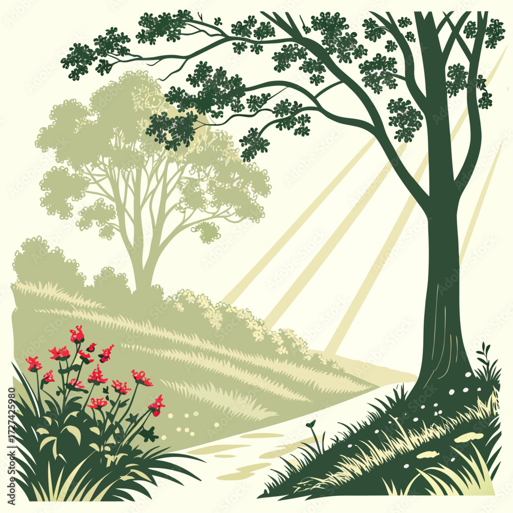 Obraz premium Sunbeams illuminate a tranquil forest path bordered by vibrant red wildflowers and lush green trees