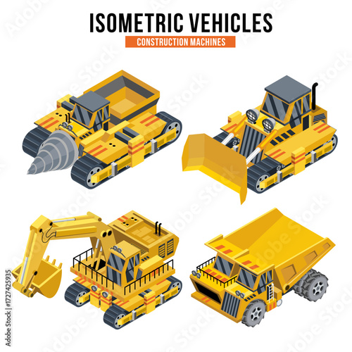 Isometric construction vehicle set featuring excavator, bulldozer, dump truck, and drilling machine. Perfect for game assets, infographics, engineering, and creative illustrations.