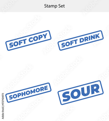 Blue grunge stamps with soft copy, soft drink, sophomore and sour on white background