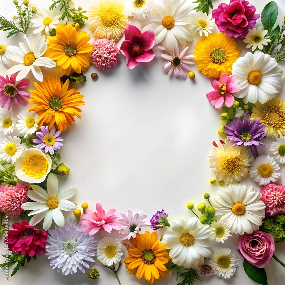 Fototapeta premium Floral Frame of Colorful Spring Flowers on White Background for Creative Design Projects