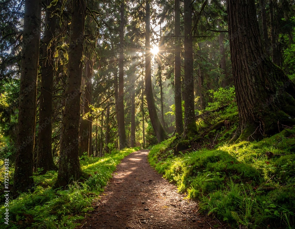 Obraz premium Sunlit path through a lush forest