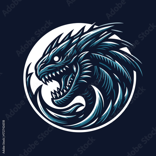 Dragon kaiju tshirt design with a fierce blue dragon surrounded by white ring waves. Great for dragon enthusiasts or mythological fans.