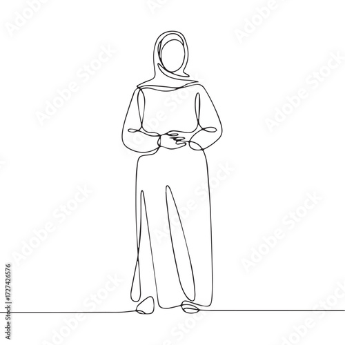 Continuous Simple black line art drawing of a muslim woman in a minimalist style on a white background.
