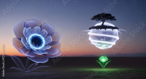 Vibrant luminous plants and a serene arboreal sphere create a futuristic ecological vision