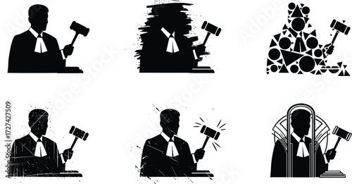 Silhouette judge icons with gavels, abstract and grunge styles, legal authority concept, justice system art for court and law design themes