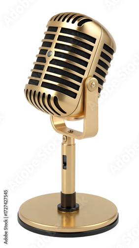Vintage gold microphone on black background 3d rendering retro golden