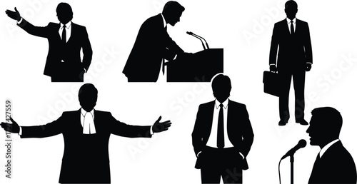 Businessman silhouette, public speaking, corporate presentation, leadership posture, professional communication, podium speech, confident gestures, 