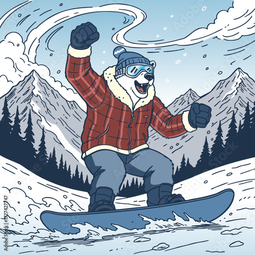 excited cartoon polar bear in red plaid jacket and goggles snowboarding in the mountains, winter sports, seasonal outdoor activity illustration