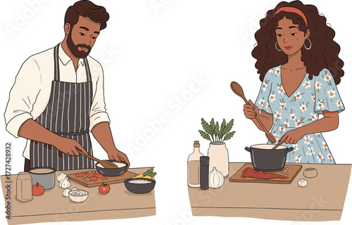 Cooking duo, culinary activity, engaged individuals, homemade dishes, kitchen bonding, food preparation, shared interest, joyful moment