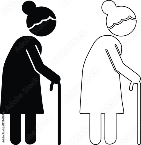Elderly woman with cane silhouette standing side by side black and white silhouette