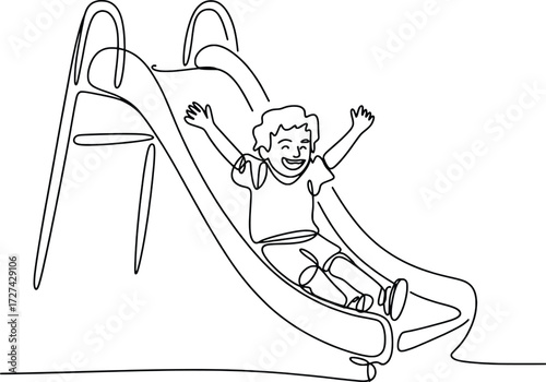 Joyful child sliding down a playground slide arms raised in excitement and laughter line drawing
