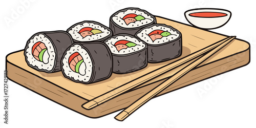 Sushi roll set on a wooden board