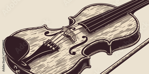 Vintage violin with bow in sepia tone