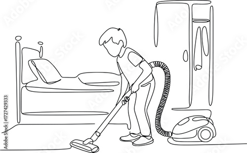 Boy vacuuming bedroom floor near bed and wardrobe outline simple drawing