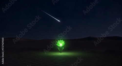 A lone bioluminescent flower blooming in a vast desert under a falling star on a dark night, a magical fantasy scene