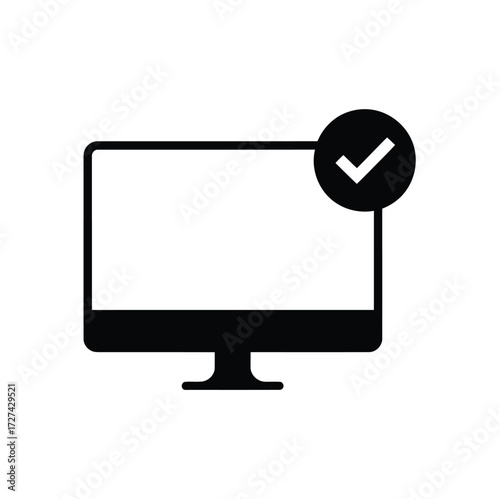 Black computer monitor icon with checkmark, symbolizing system verification, software approval, successful operation, and tech validation