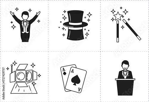 Magic icons, performance symbols, magician elements, stage props, entertainment visuals, trick tools, spotlight setup, showman gestures