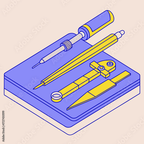 A set of precision tools, including a soldering iron and other implements, arranged on a blue surface in an isometric perspective