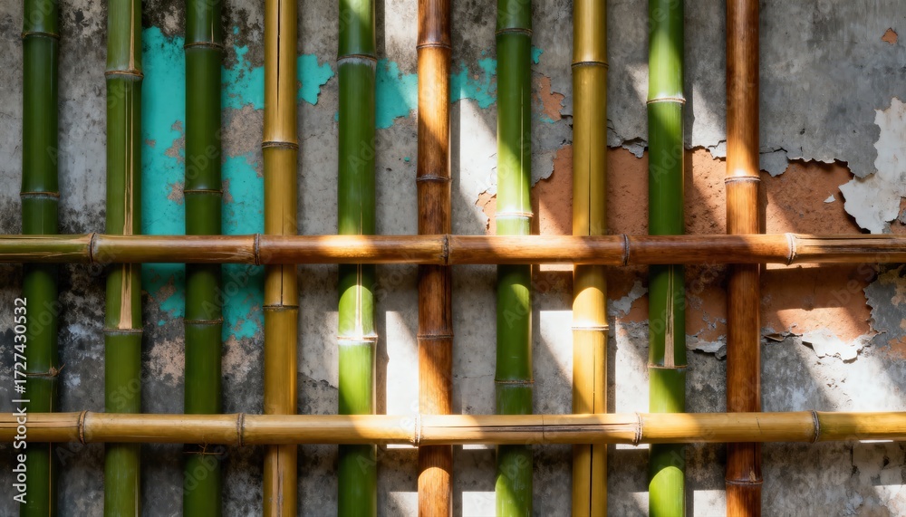 Obraz premium Vibrant natural bamboo stalks create a textured wall backdrop with rustic charm and warm sunlight dappling the scene