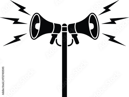 Two megaphones emitting sound waves and lightning bolts for loud announcement and warning