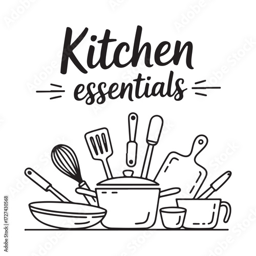 Monochromatic Kitchen Essentials Hand Drawn Line Art Vector Set
