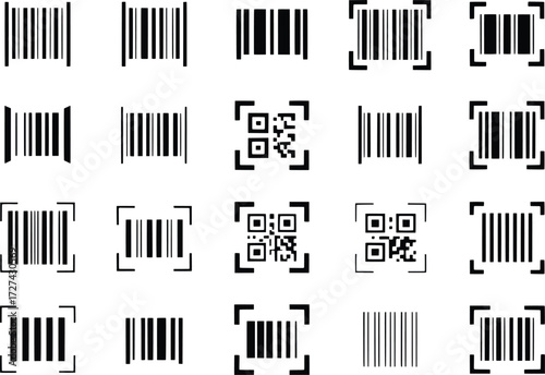 Collection of barcode and qr code icons for retail and technology applications