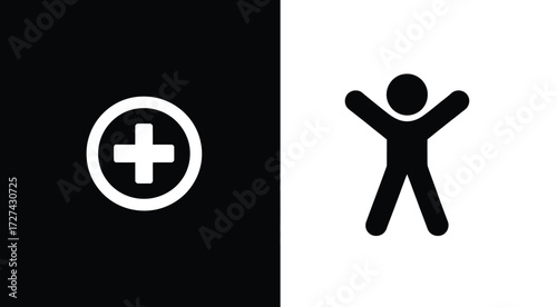 Black and white icon split: medical plus symbol and active human figure, representing health, vitality, wellness, and life balance