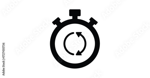 Black stopwatch icon with circular arrows, symbolizing time cycle, repetition, refresh, automation, scheduling, and process management