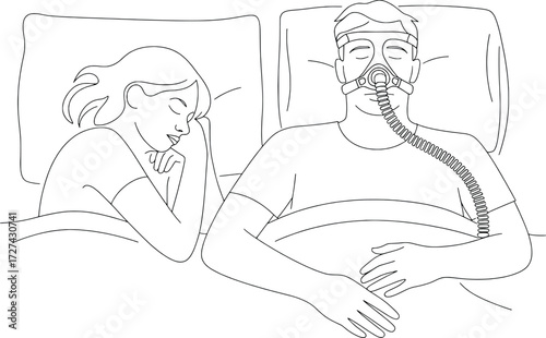 Couple in bed woman disturbed by man's sleep apnea machine device