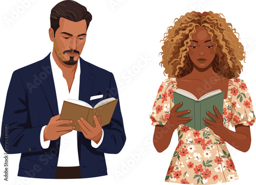 Reading individuals, diverse readers, classic literature, thoughtful engagement, intellectual pursuit, focused expression, literary exploration, cultured minds