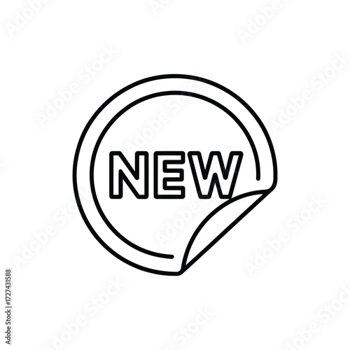 Black and white illustration of a round sticker with the word new