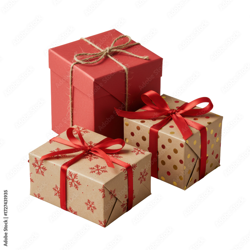 Obraz premium Three premium gift boxes: deep red with rustic rope, kraft with red snowflakes and satin ribbon, kraft with polka dots and satin ribbon, with metallic confetti on transparent, high-key studio product