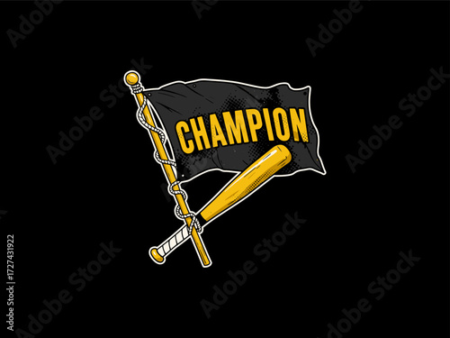 Retro Baseball Champion Flag Bat Success Sport Illustration, design t-shirt streetwear clothing, vector typography, perfect for modern apparel