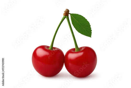 Ripe red cherries with green leaf transparent background