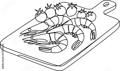 Hand-drawn line art of fresh prawns and cherry tomatoes on a wooden cutting board