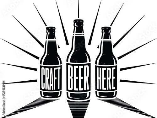 Three craft beer bottles displayed with radial burst effect for brewery advertising