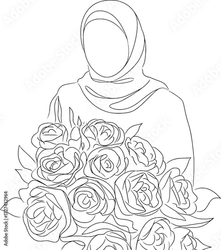 Elegant line art of a woman in hijab holding a generous bouquet of roses