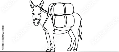 Simple line drawing of a donkey carrying bundles on its back a humble animal of burden