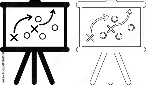 Two diagrams of a sports strategy on a whiteboard easel silhouette