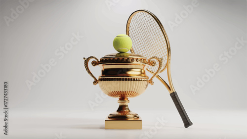 A high-quality 3D render of a golden tennis trophy against a pure white background. 