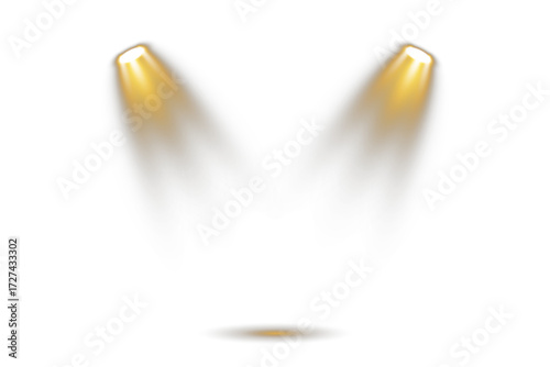 Realistic golden spotlight glow with soft gradient light beam, vertical illumination for stage, concert, studio background, glowing ray projection, isolated vector PNG illustration for festive events