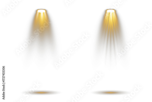 Collection of bright glowing stage spotlights isolated on transparent background. Vector light beams with realistic illumination for concert, disco, theater, club party, or abstract background design.