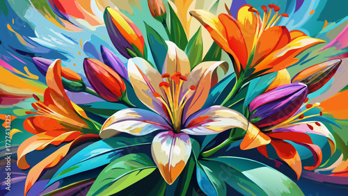 A vibrant impressionist oil painting of a lily bouquet captures radiant colors, textured brushstrokes, and expressive movement, blending delicate petals, soft light, and artistic elegance into a 