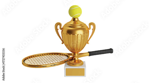 A high-quality 3D render of a golden tennis trophy against a pure white background.  