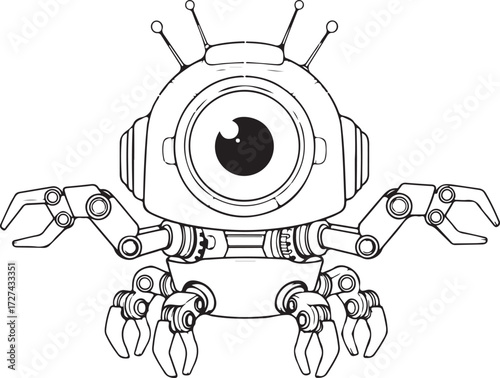 Cute One-Eyed Robot Character Line Art Illustration Isolated on White